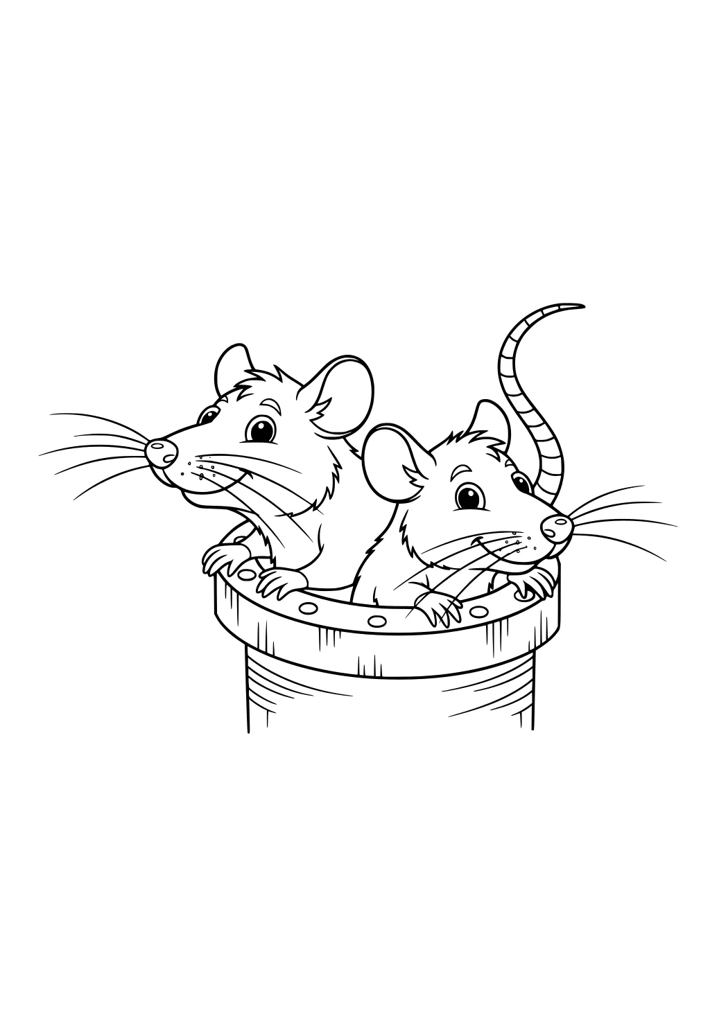 Two cartoon rats peeking out of a large round pipe, showing whiskers, big eyes, and curled tails.