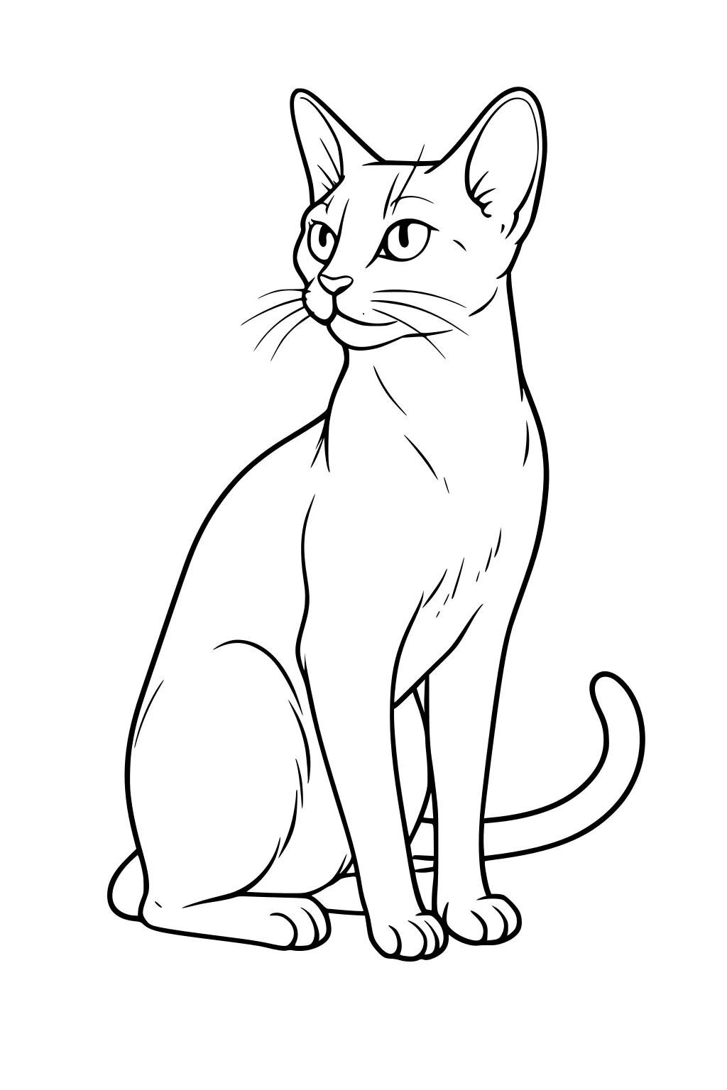 Line drawing of a house cat sitting upright, looking left, with big eyes, pointy ears, and a long tail curled forward.