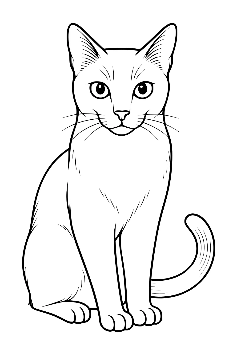 Line drawing of a domestic cat sitting upright with front paws together and tail curled around.