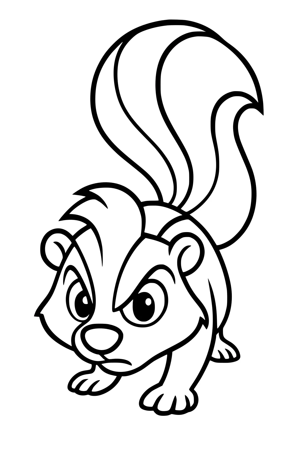 Cartoon skunk with a big bushy tail, bold face stripe, and strong stance.