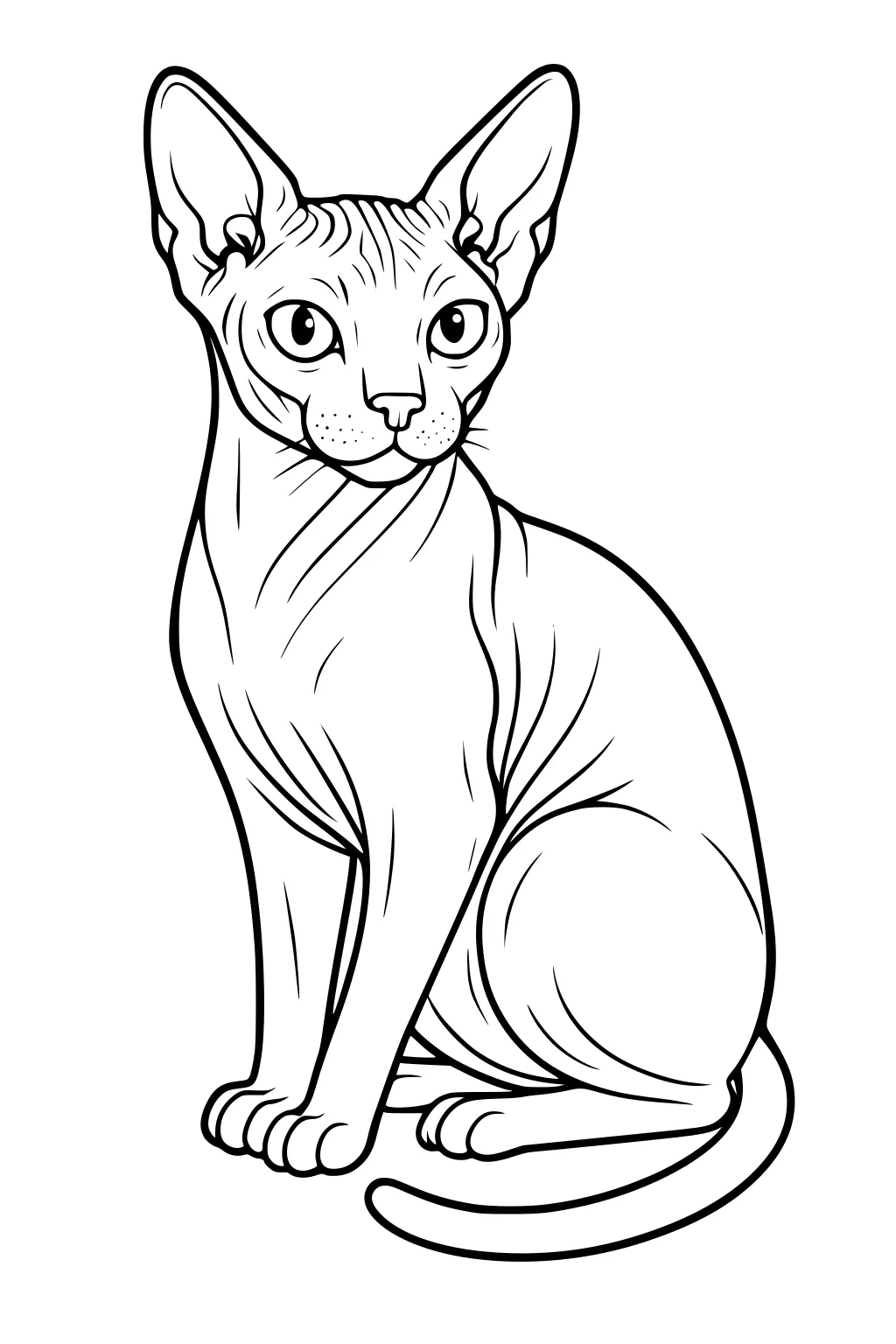 Sitting hairless cat with big ears, wide eyes, wrinkled skin, slender body, and a long curled tail on white background.