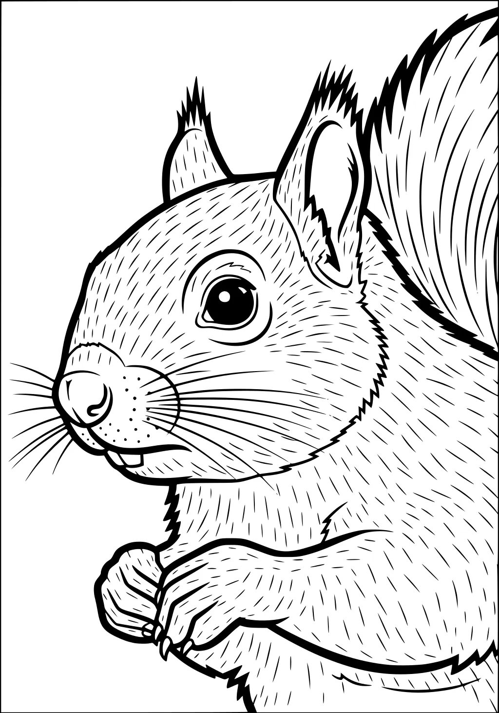Line drawing of a squirrel with wide eyes, upright ears, detailed fur, fluffy tail, and small front paws together.