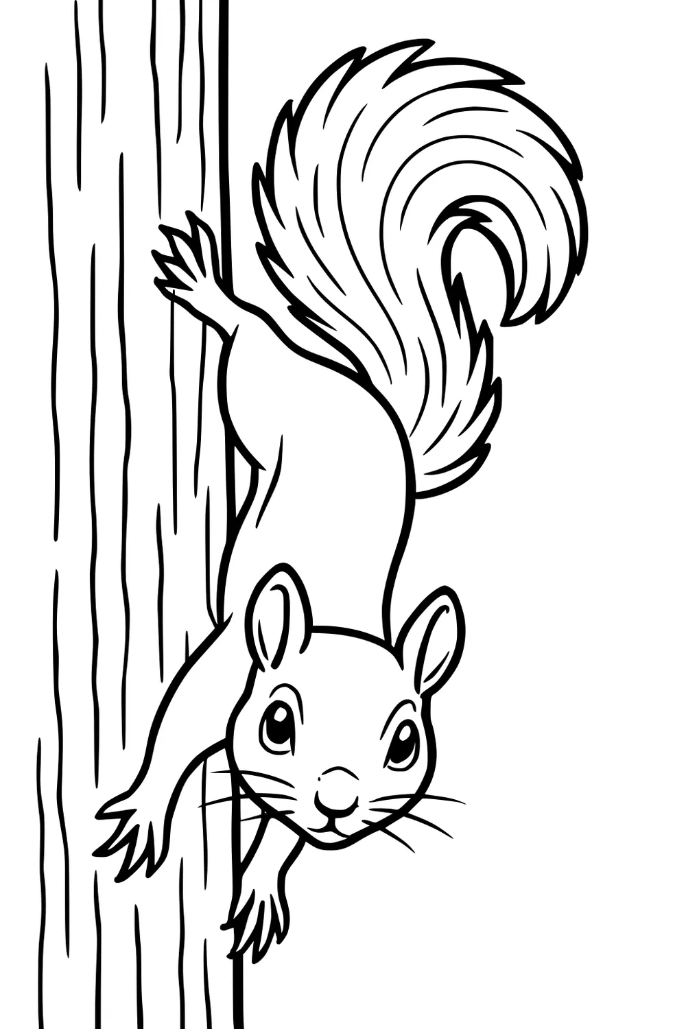 Squirrel with bushy tail climbing down a tree trunk, looking forward with wide eyes and perked ears.