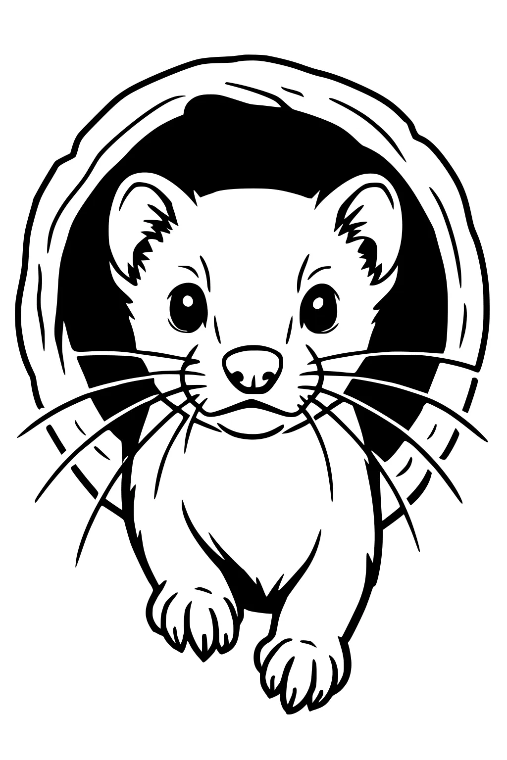 A weasel with big eyes and long whiskers peeks from a tunnel with its front paws showing.