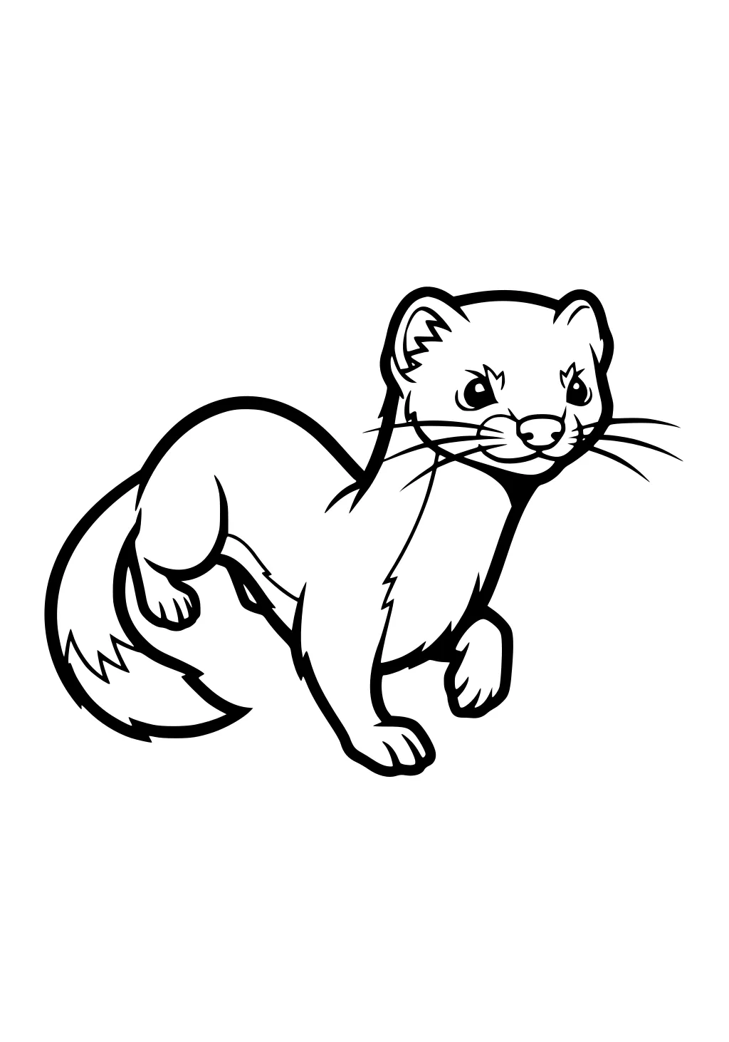 Outline drawing of a weasel with a bushy tail, lifted paw, long whiskers, and round ears on a blank background.