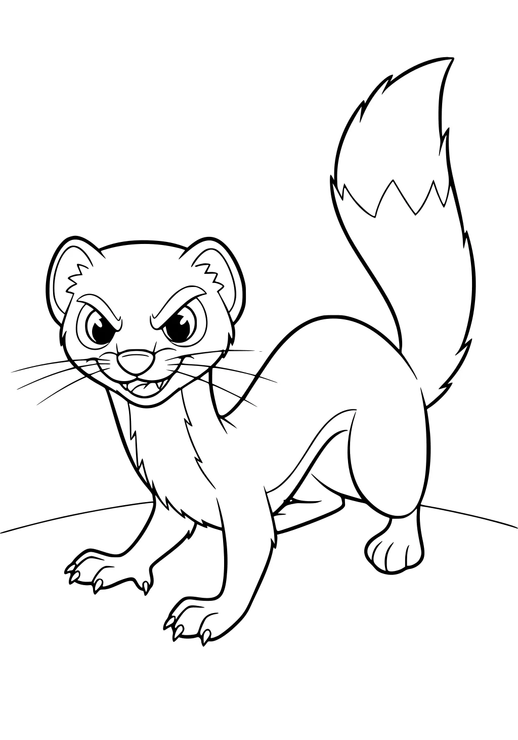 Cartoon weasel with arched eyebrows, big eyes, and a fluffy tail standing on a hilltop, ready to pounce.