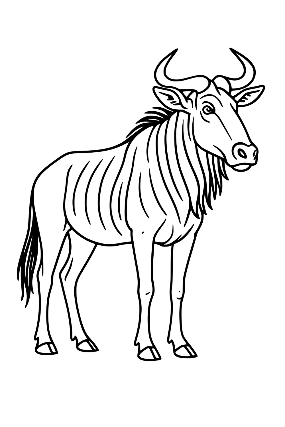 Outline of a standing wildebeest with curved horns, shoulder stripes, shaggy mane, long tail, and slim legs, facing right.