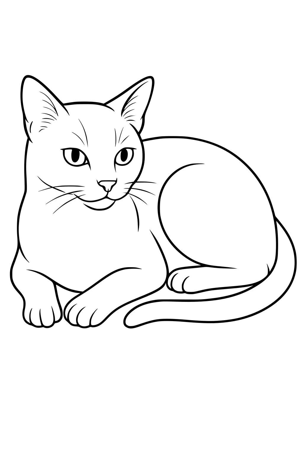 Line drawing of a domestic cat lying down with tail curled and front paws crossed.