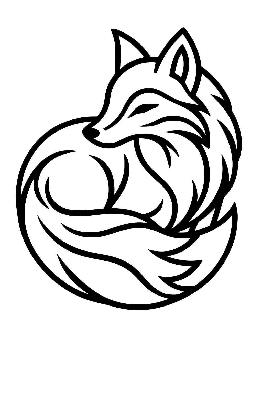 Outlined drawing of a fox curled up with her fluffy tail wrapped around her body.