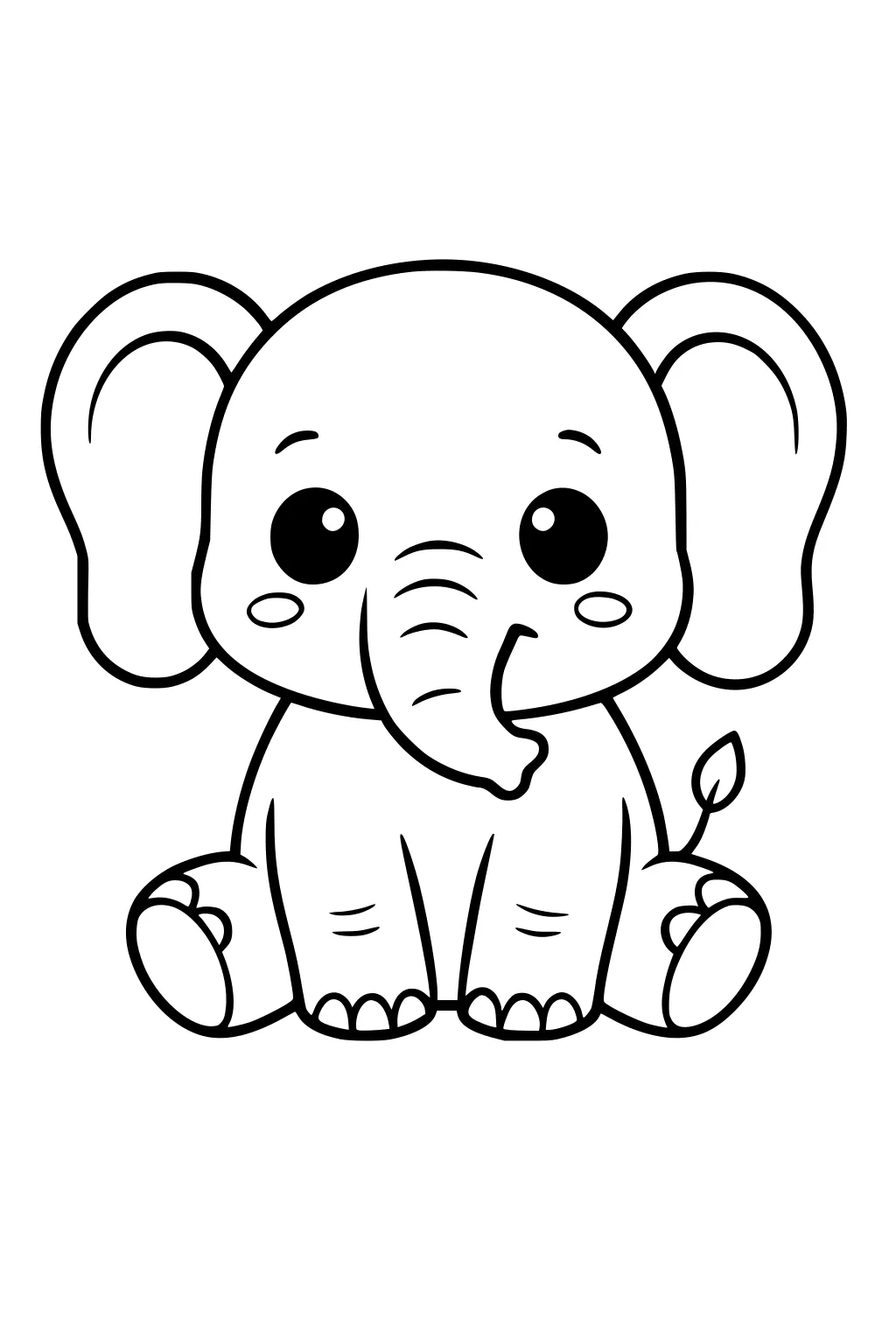 Cartoon elephant with large ears, a curled trunk, round cheeks, big eyes, and a small curled tail sitting facing forward.