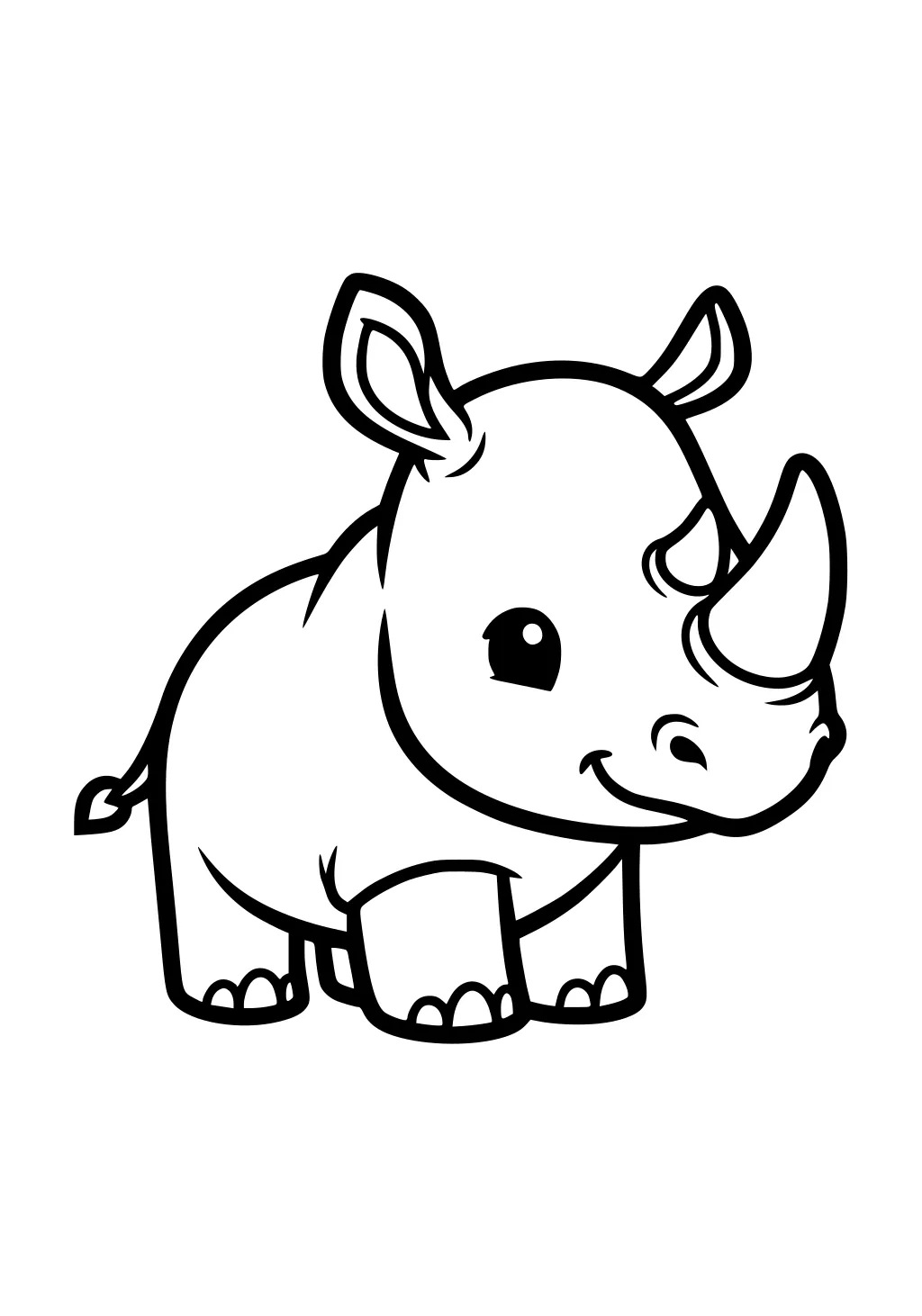 Cartoon baby rhinoceros standing with a big horn and smiling face, shown with simple outlines and open space.