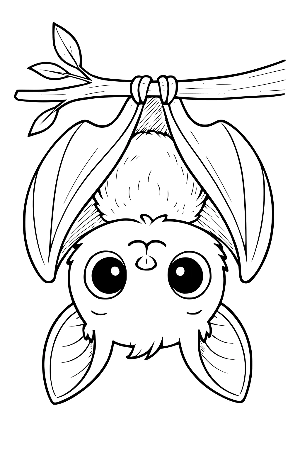 Cartoon bat hangs upside-down on a branch with big eyes, folded wings, and pointy ears. Leaves grow from the branch.
