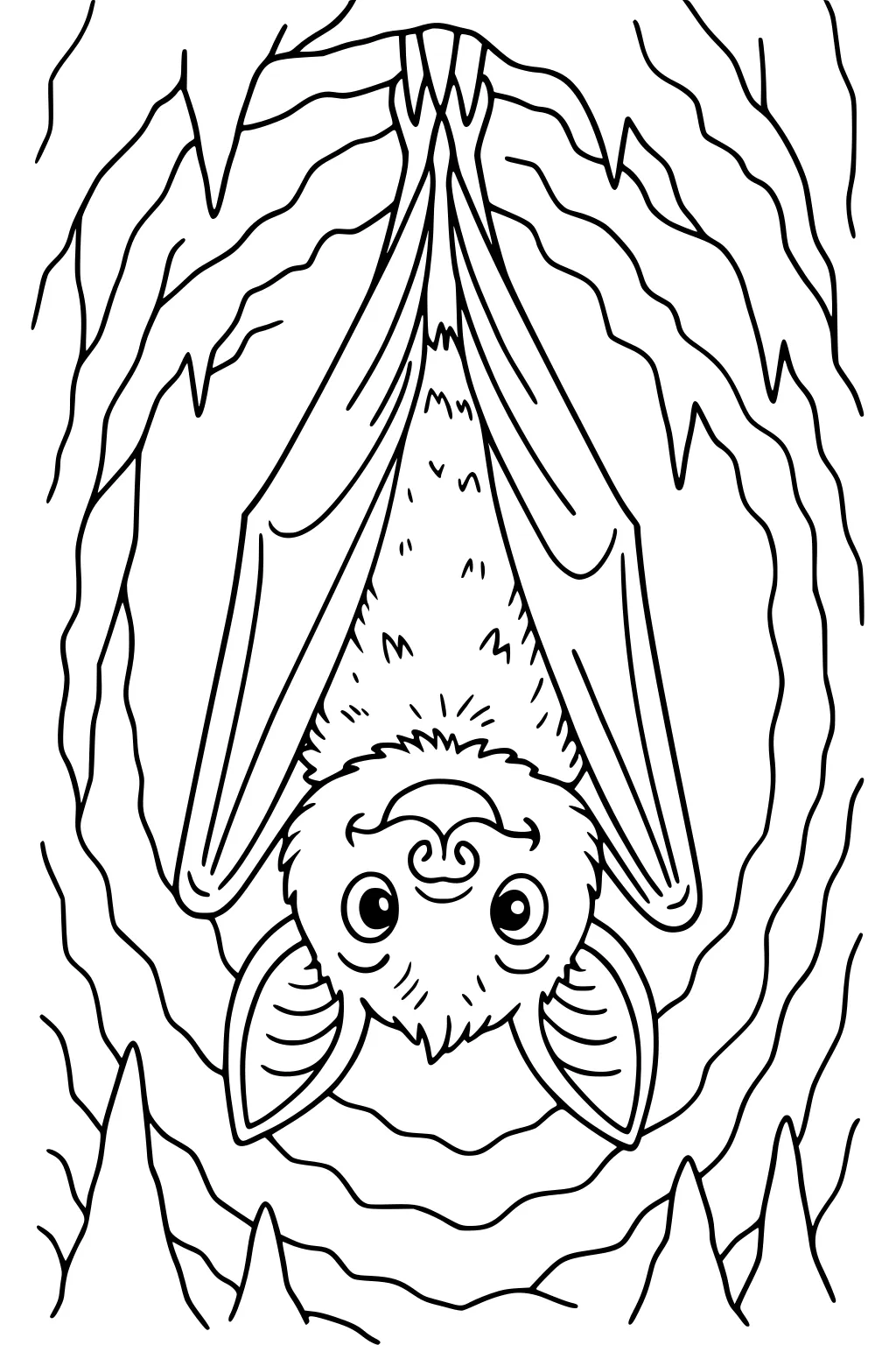 Cartoon bat with folded wings hanging upside down in a cave, surrounded by wavy cave walls and rocky shapes.