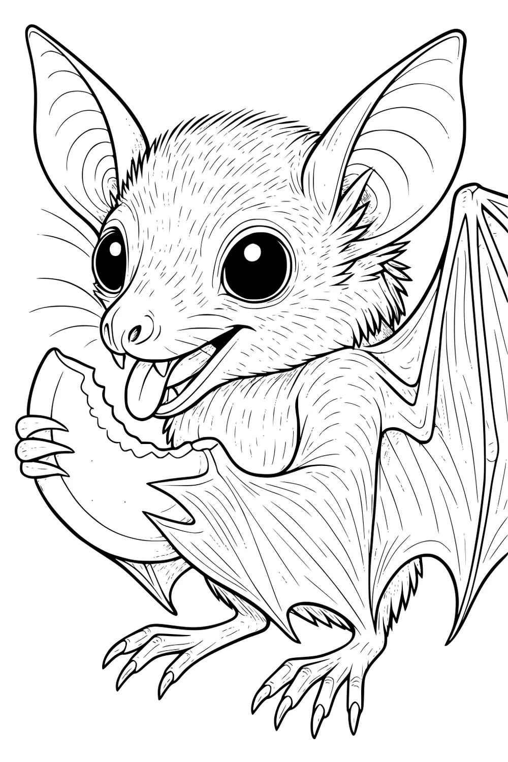 Young bat holding a melon slice with wings curled in and eyes wide, fluffy fur details and pointy ears visible.