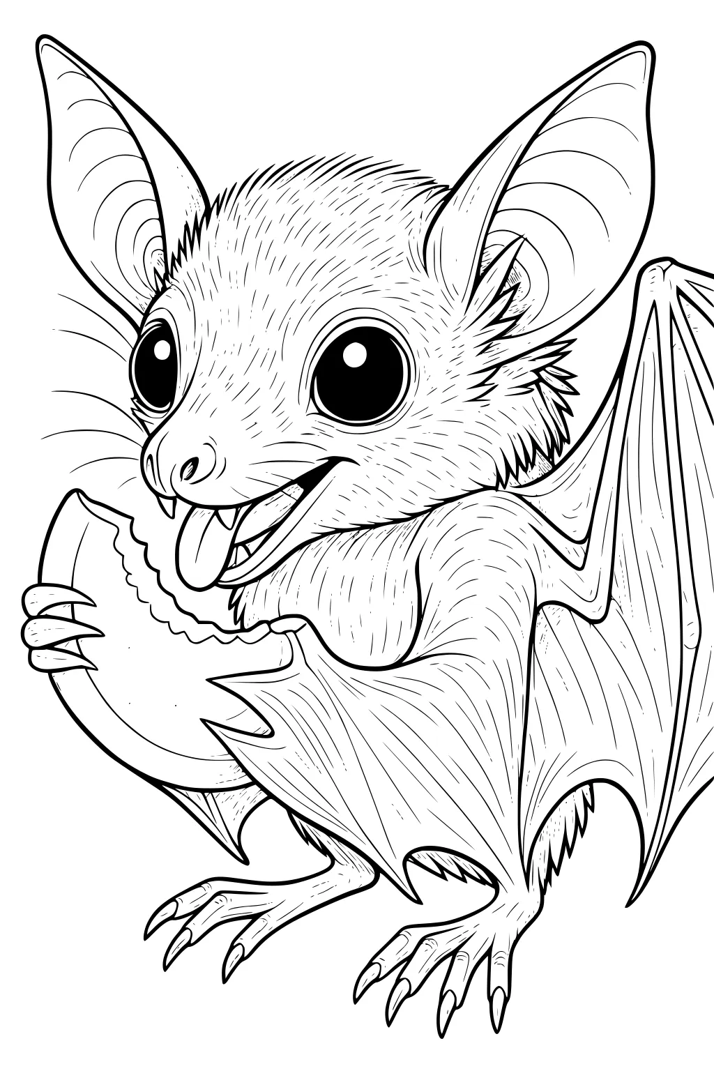 Young bat holding a melon slice with wings curled in and eyes wide, fluffy fur details and pointy ears visible.