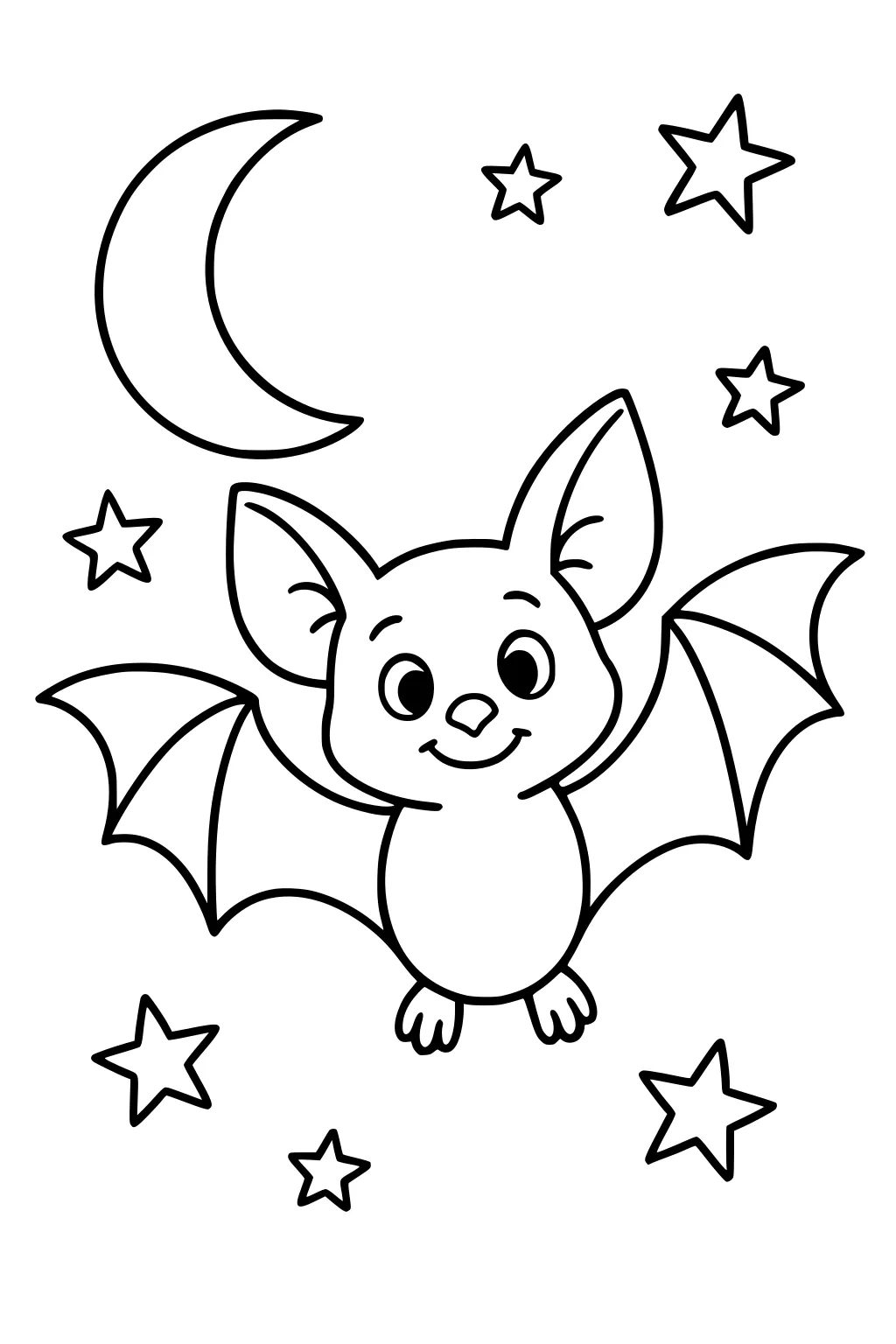 Cartoon bat with large ears flying at night with a crescent moon and stars in the background.