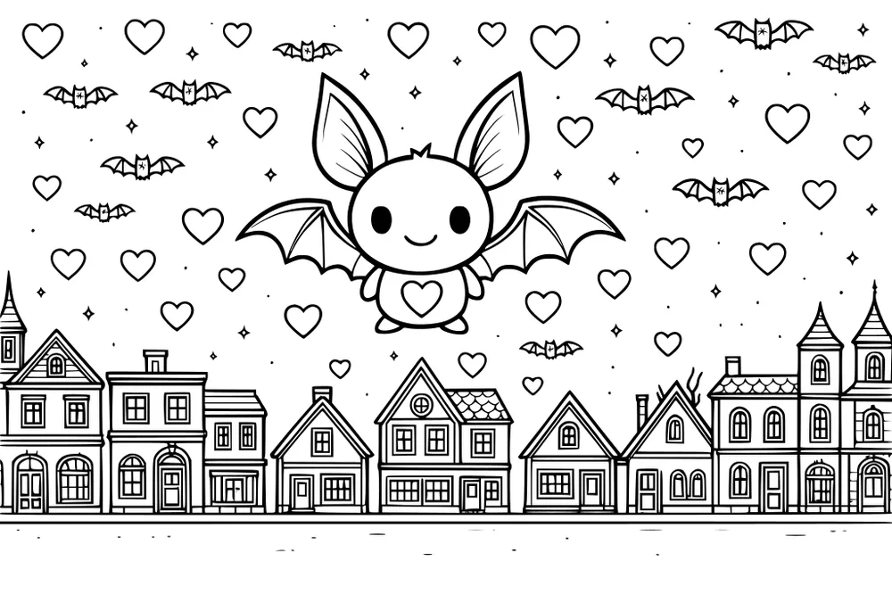 Cartoon bat with heart on chest flying above houses, hearts and stars surrounding, small bats in the sky.
