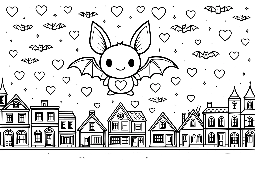 Cartoon bat with heart on chest flying above houses, hearts and stars surrounding, small bats in the sky.