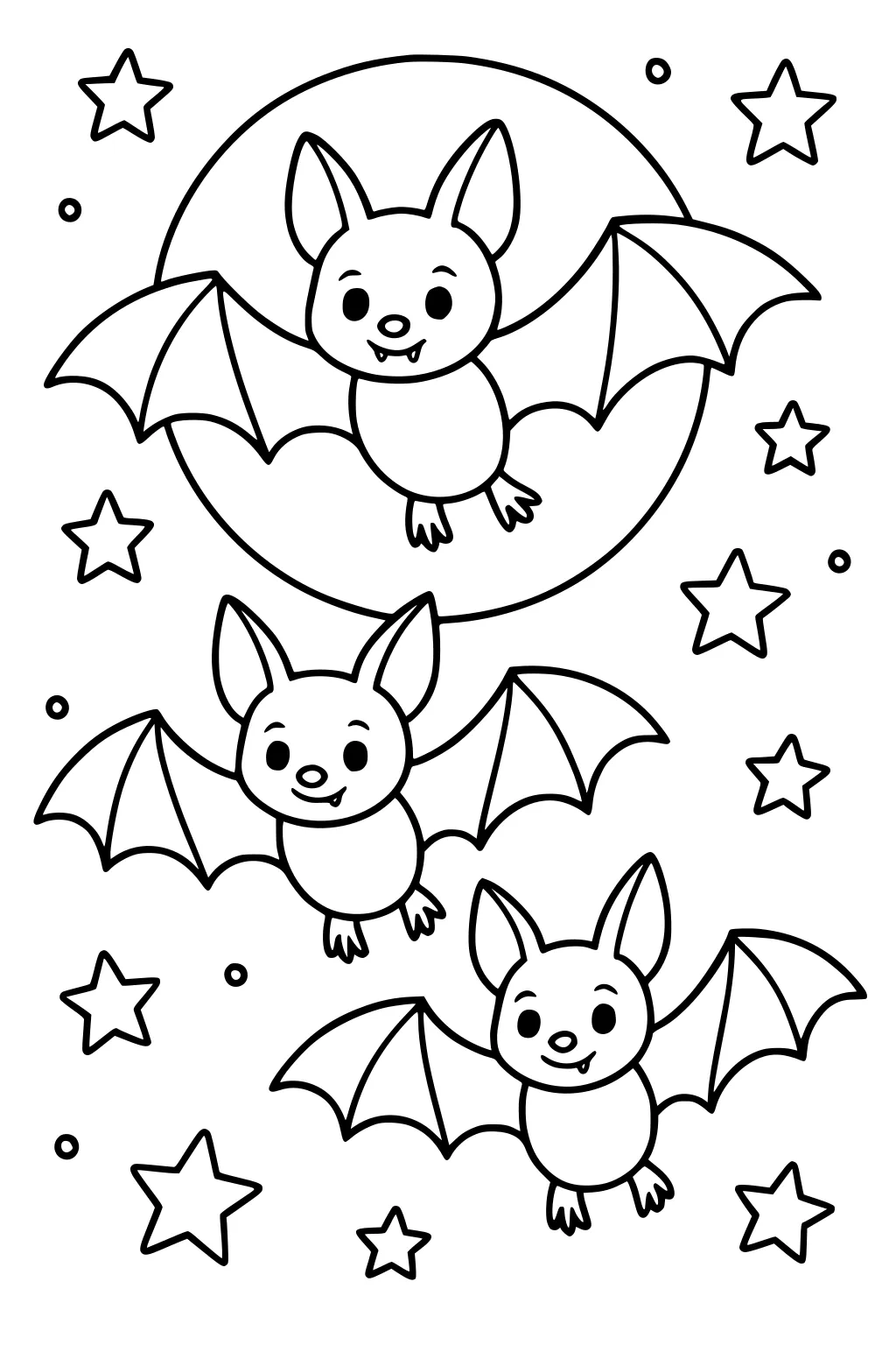 Three smiling cartoon bats flying in front of a full moon with lots of stars in the night sky.