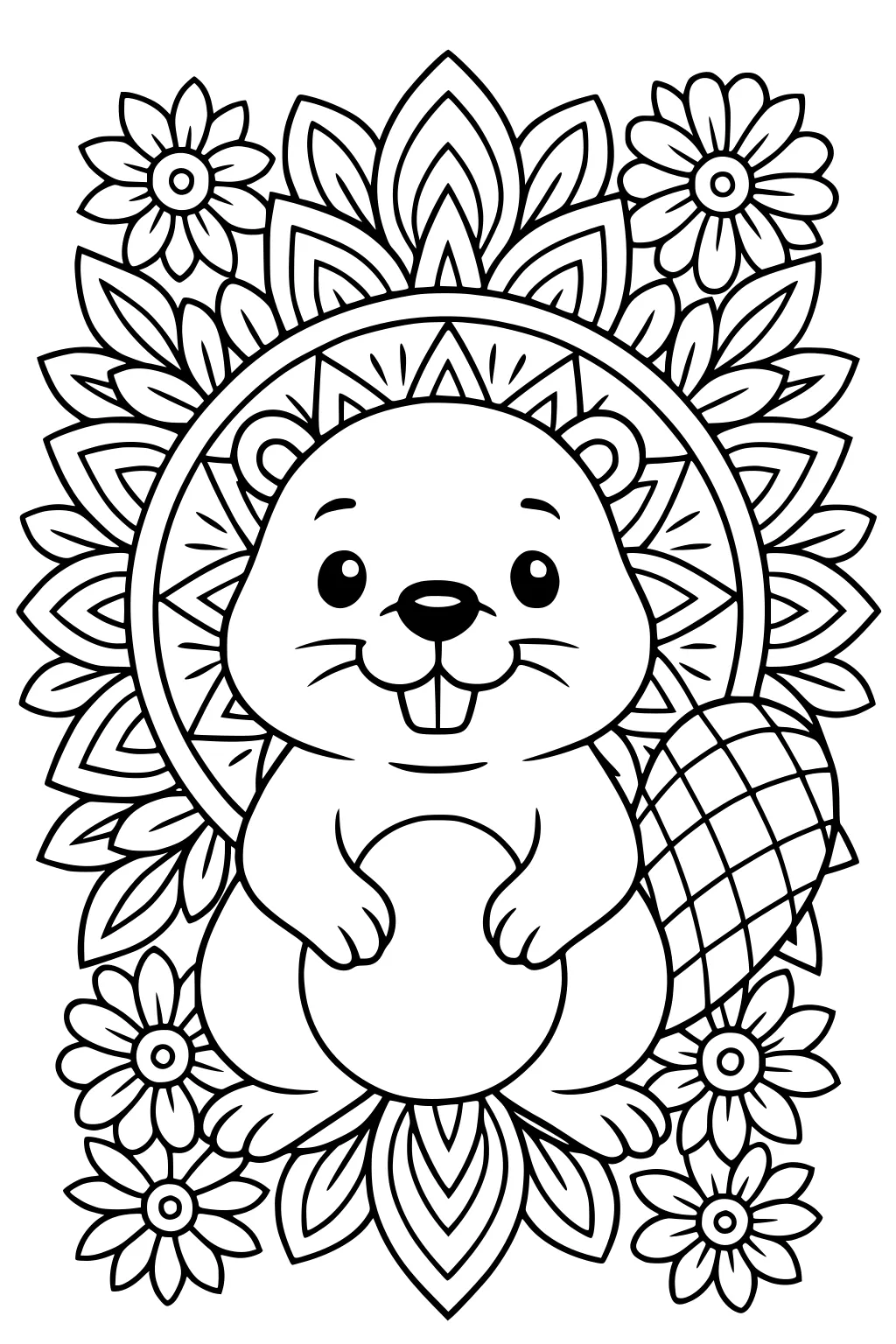 Cartoon beaver sitting upright in front of patterned flowers and leaves, with a wide tail and round belly.