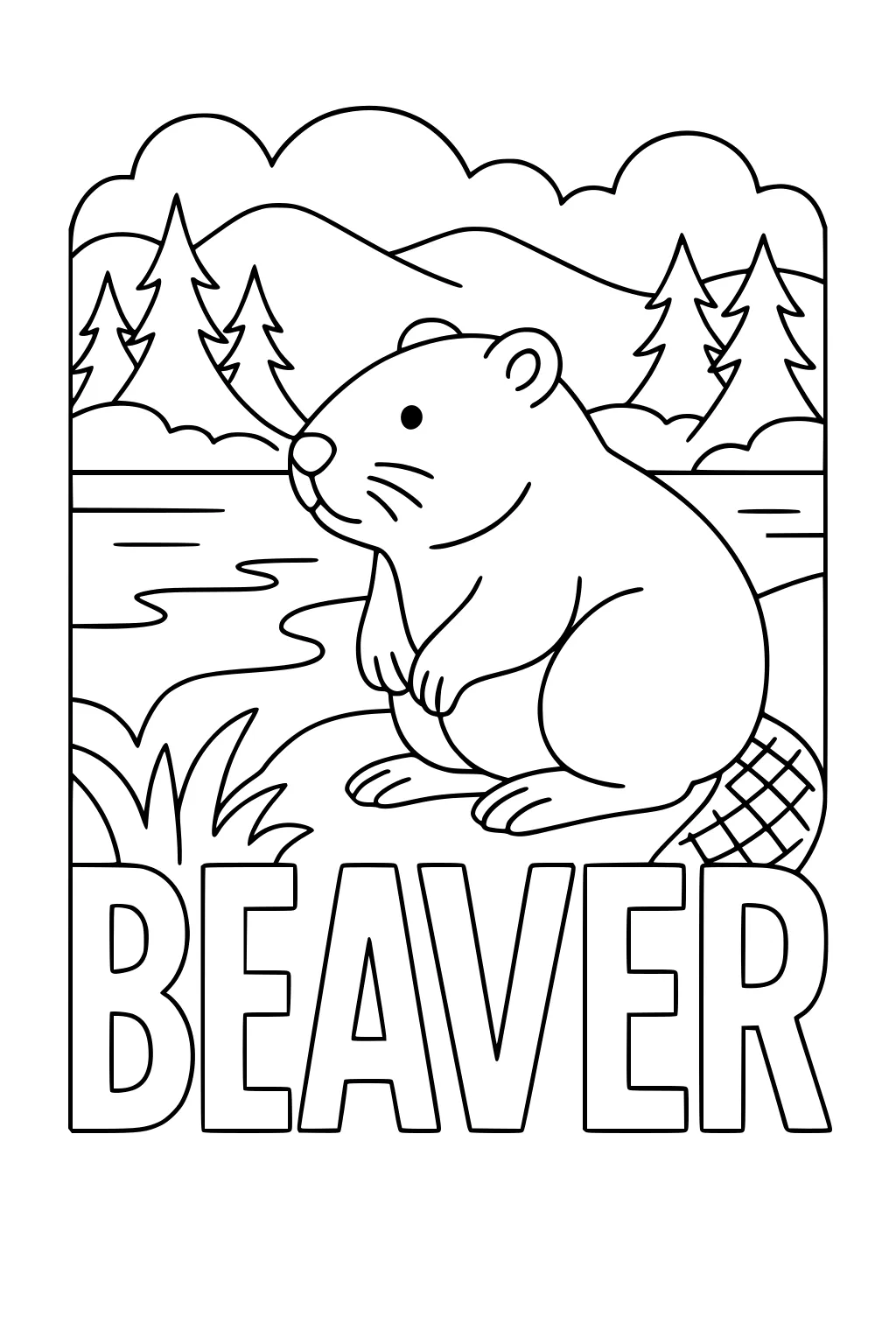 Beaver sitting by a pond with trees and mountains in the background, large BEAVER text at the bottom.
