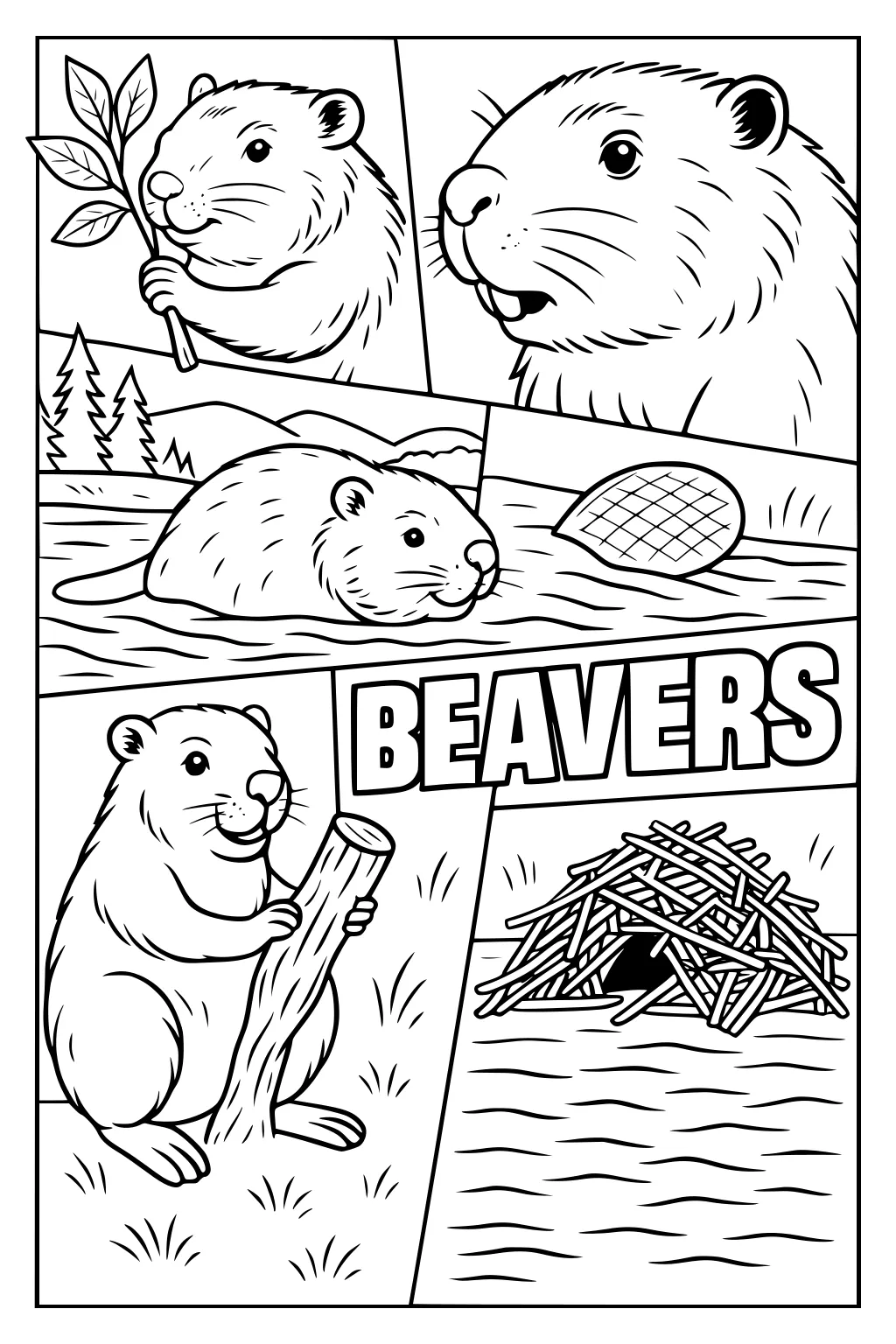Cartoon beavers holding branches, swimming in water, sitting with a log, and a beaver lodge made of sticks on a river.