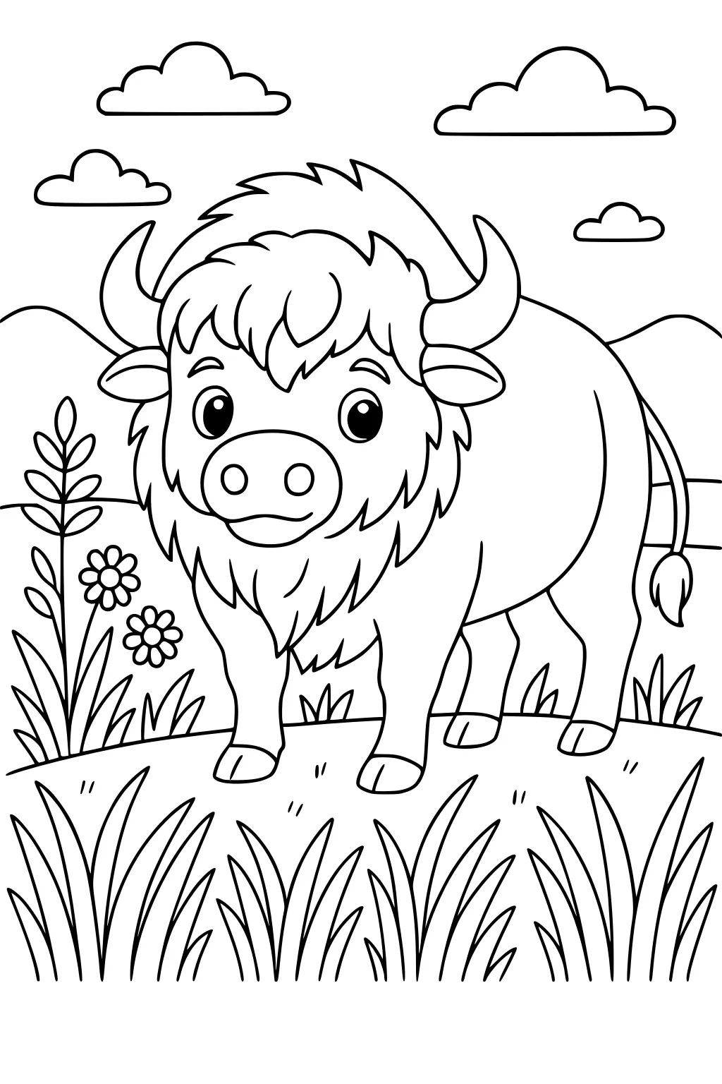 Young buffalo with shaggy fur stands on grass with flowers, mountains and clouds in the background.