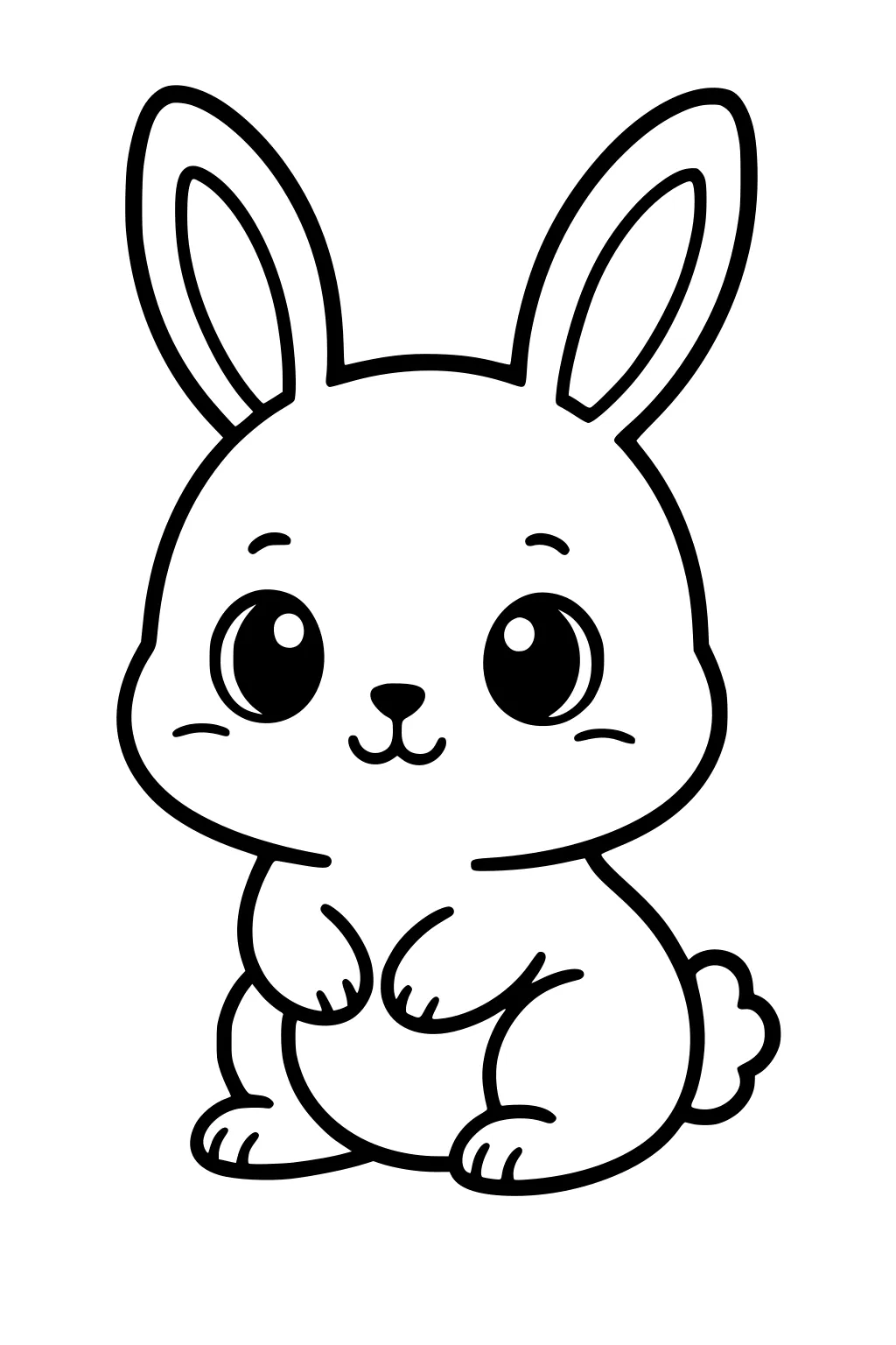 Cartoon rabbit with large eyes, upright ears, round cheeks, and front paws folded near its belly.