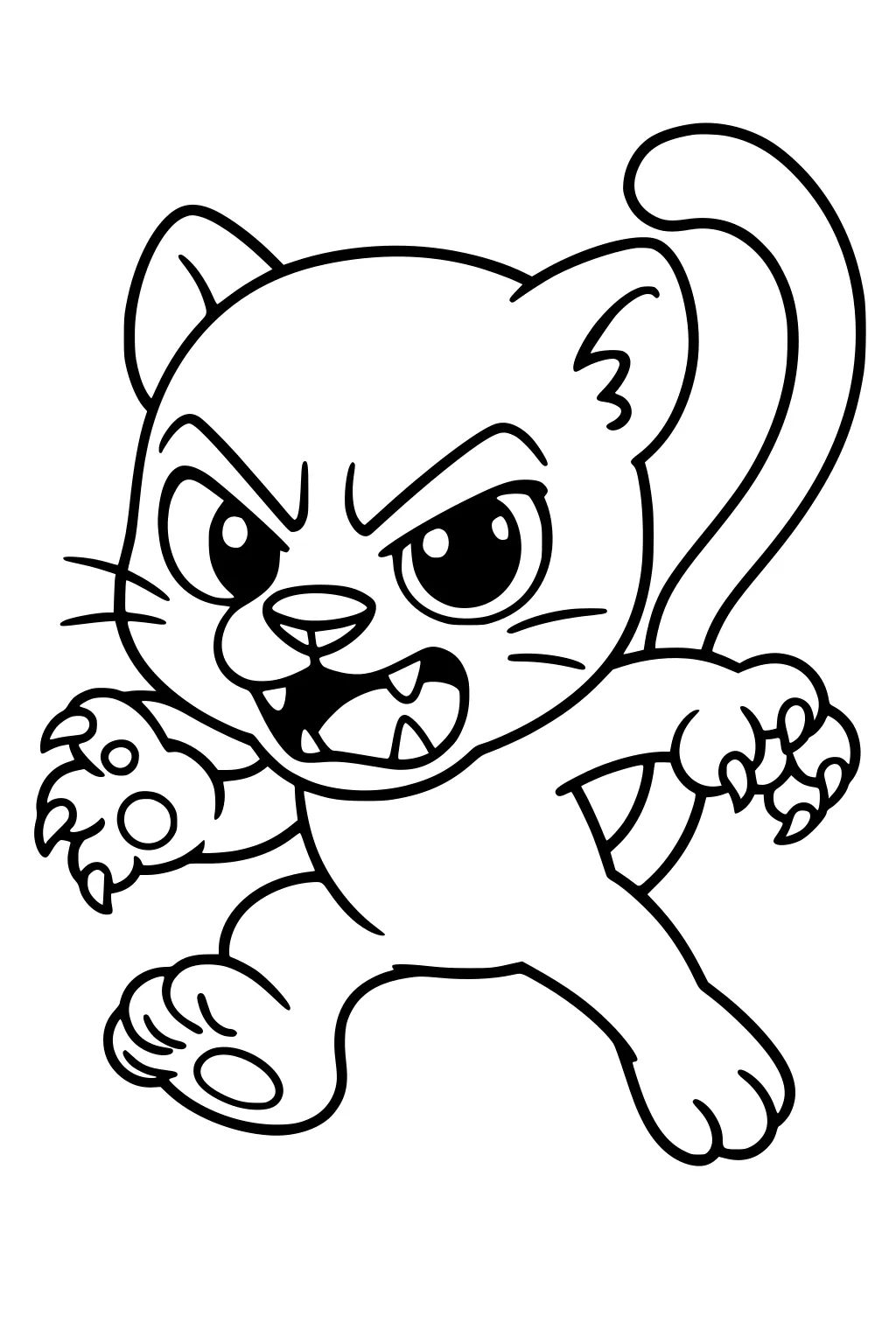 Cartoon panther cub showing claws with big eyes, round face, perked ears, curled tail, and sharp teeth.