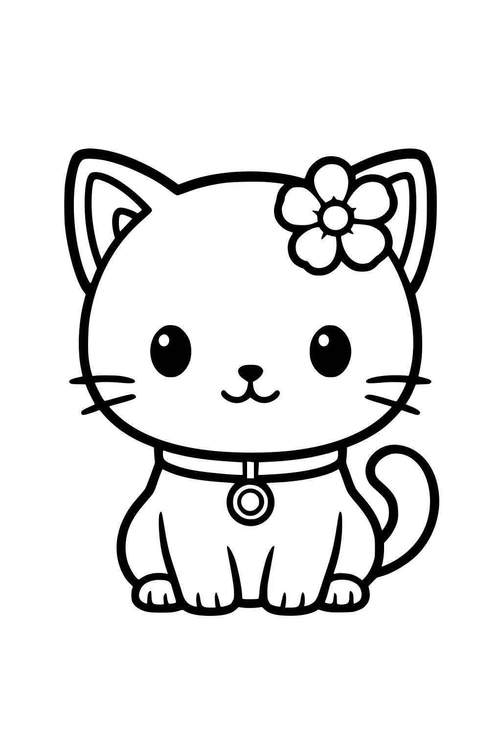 Cartoon girl cat sitting upright with a flower on her head and a collar around her neck.