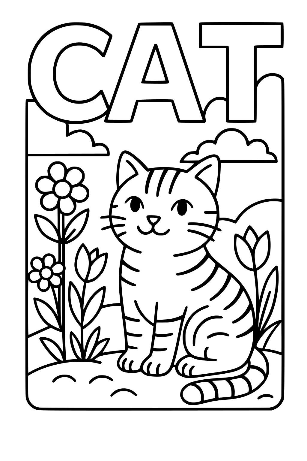 Striped cat sits between two flowers on grassy hill with clouds and large CAT text above.