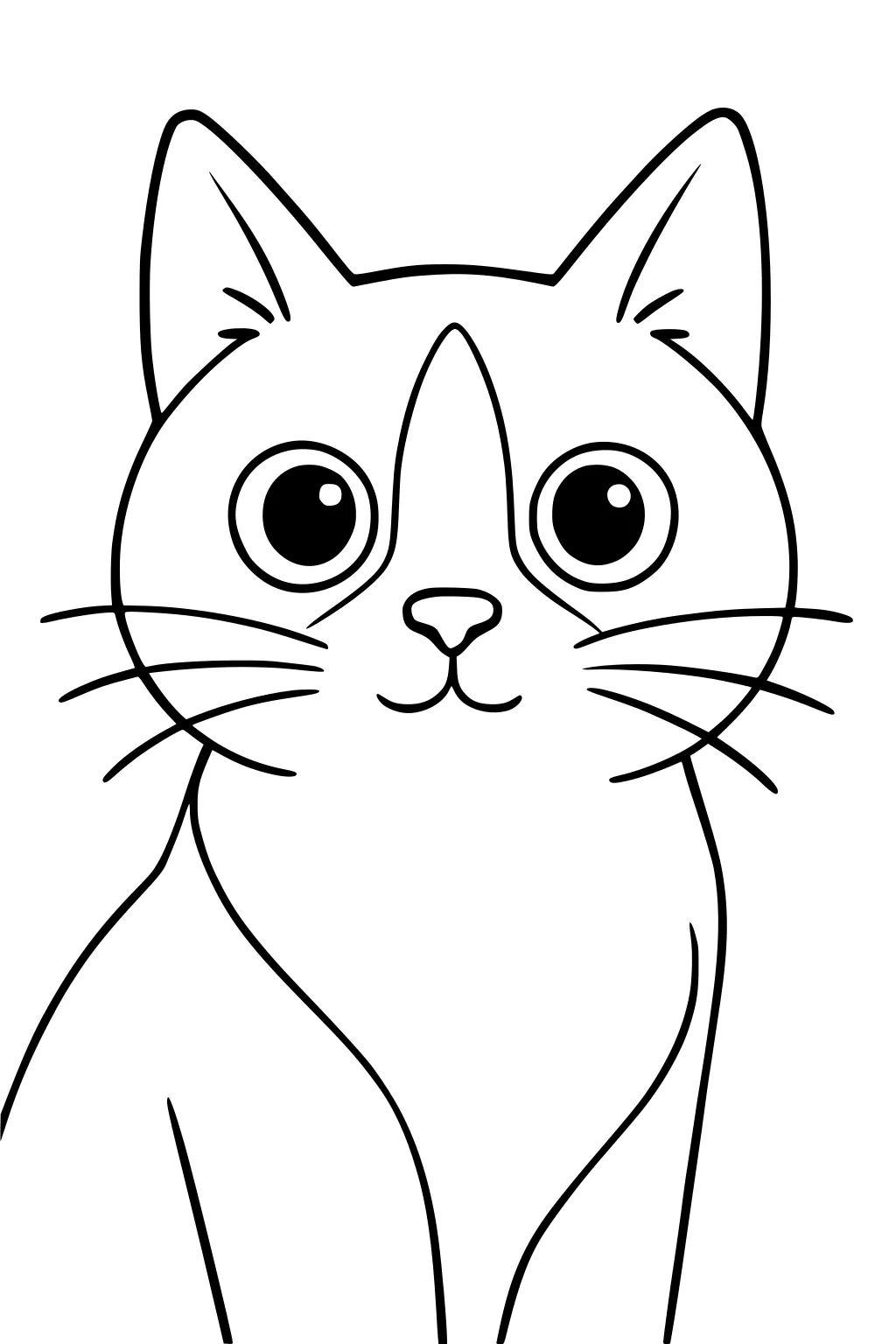Simple outline drawing of a sitting cat with big eyes, upright ears, and long curved whiskers.