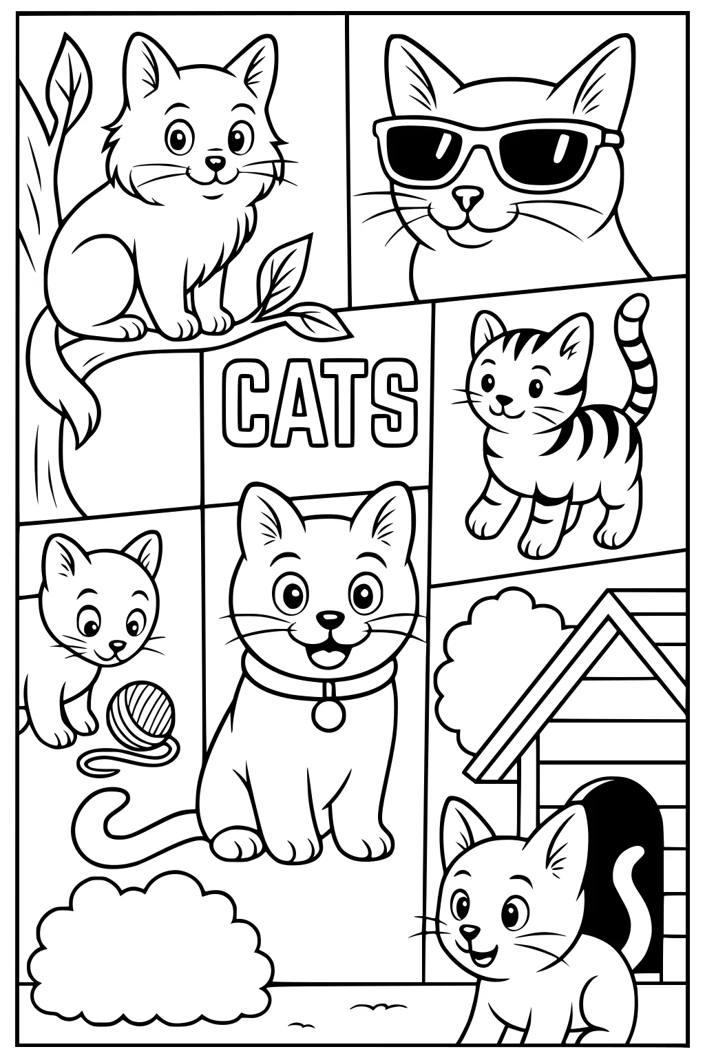 Page with six cartoon cats: some sitting, one with sunglasses, one with a ball of yarn, and one by a small house.
