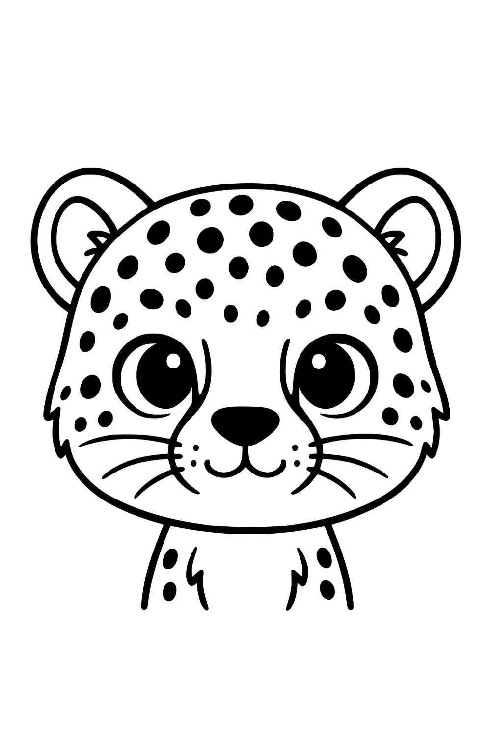 Cartoon cheetah cub with large eyes, round face, wide ears, and black spots. Simple lines and open spaces.