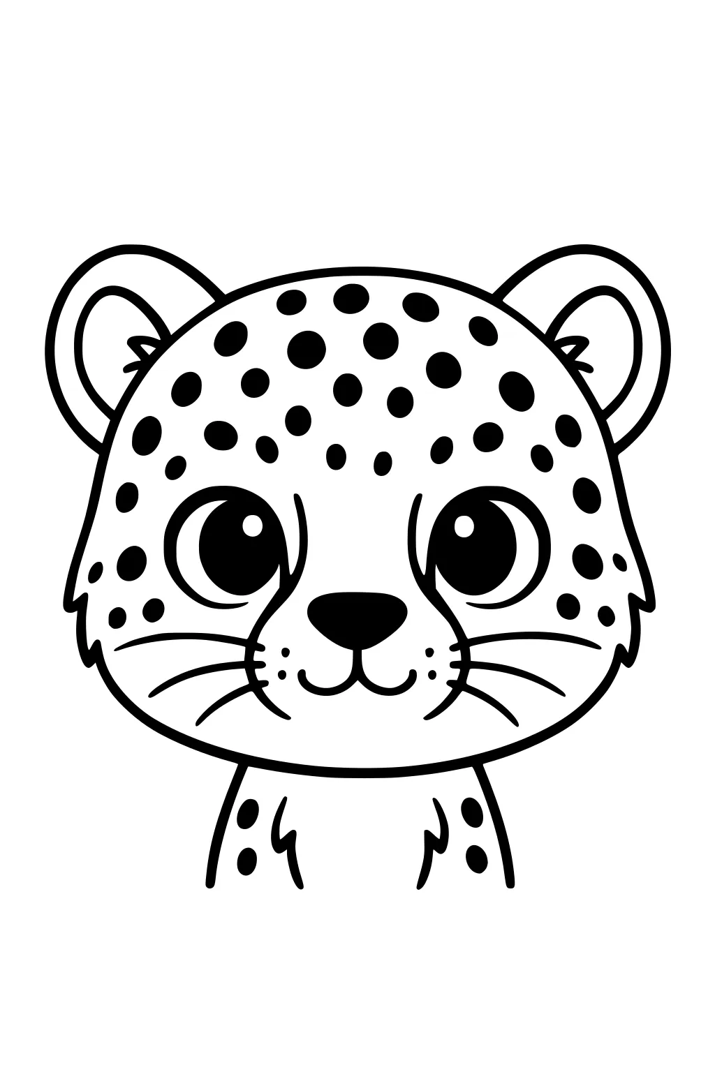Cartoon cheetah cub with large eyes, round face, wide ears, and black spots. Simple lines and open spaces.