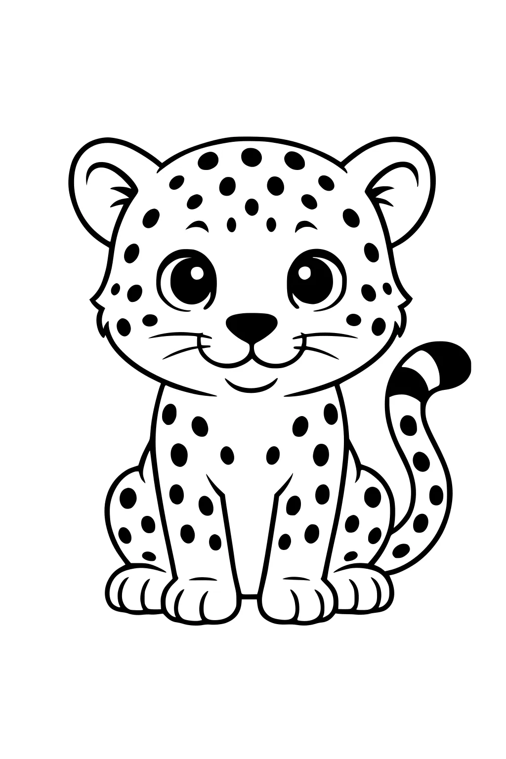 Cartoon cheetah cub sitting with big eyes, smiling face, curled tail, and bold spots covering her body.