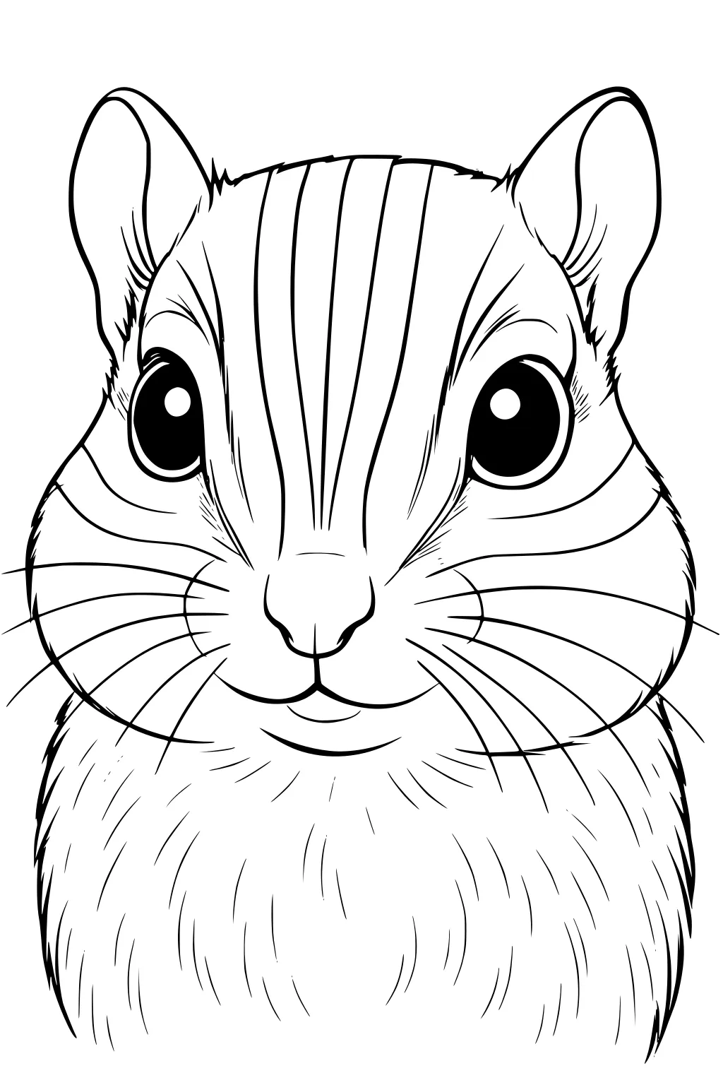 Simple chipmunk face with large round eyes, striped forehead, long whiskers, and fluffy fur details.
