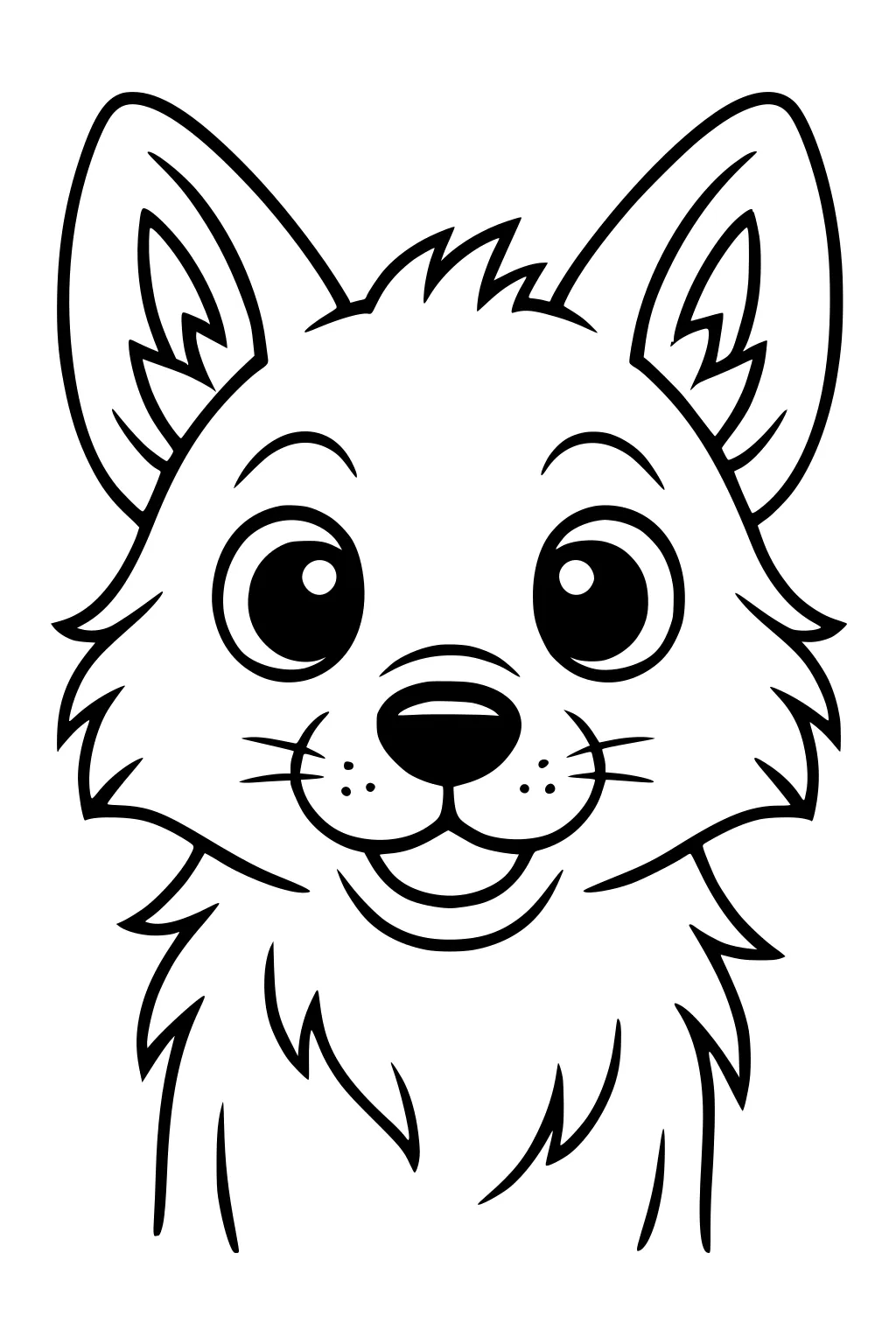 Cartoon coyote head with large pointed ears, big round eyes, a black nose, and fluffy fur.
