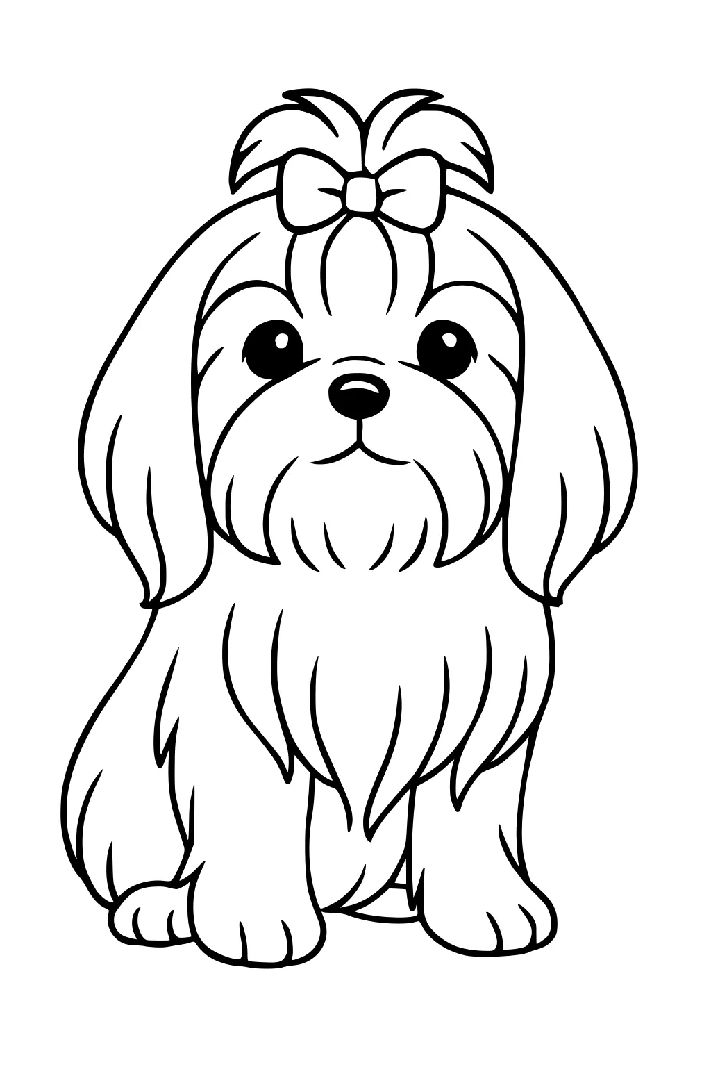 Fluffy small dog with long fur and a bow, sitting and facing forward.