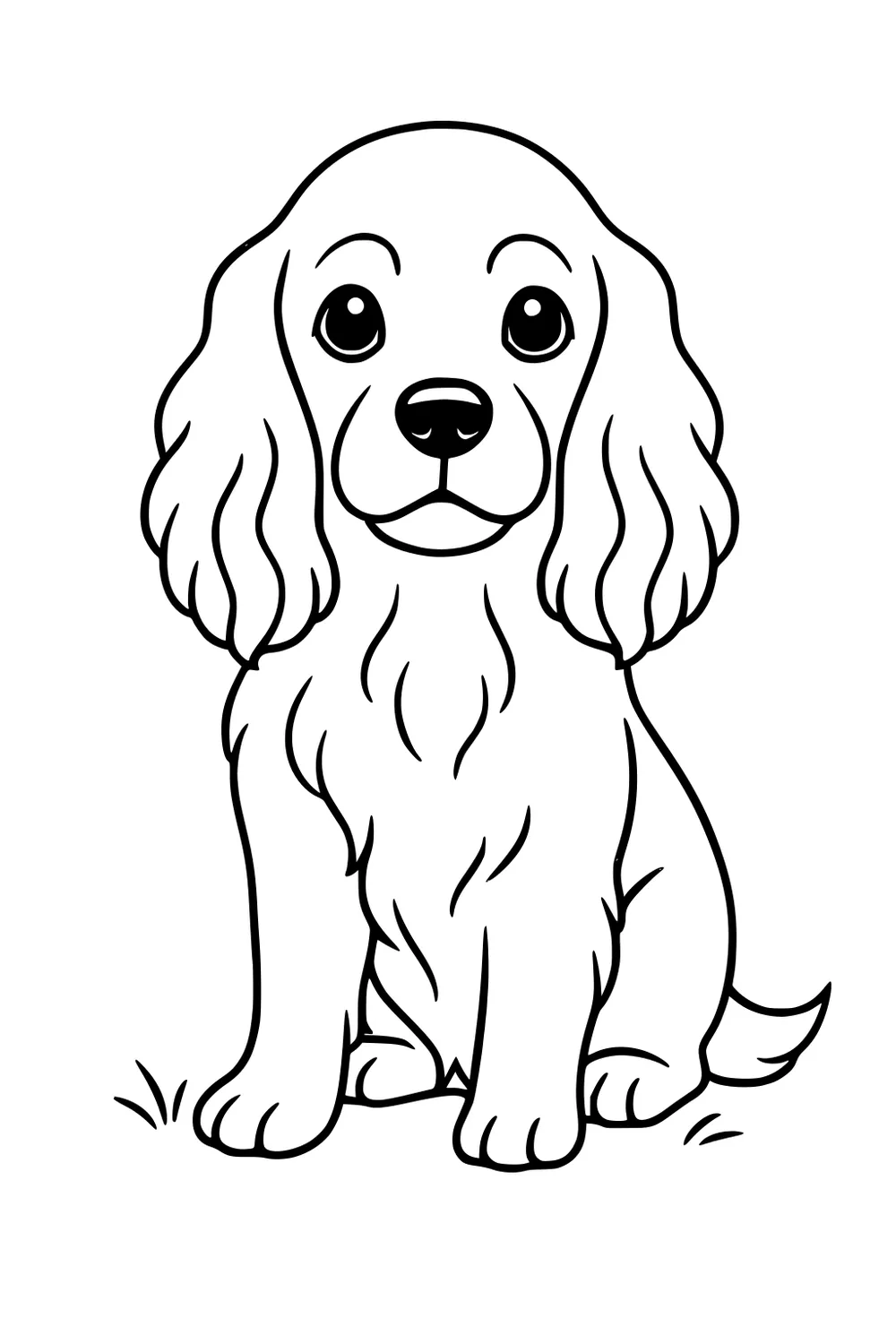 Cartoon dog with floppy ears and big eyes sitting on grass, looking forward.