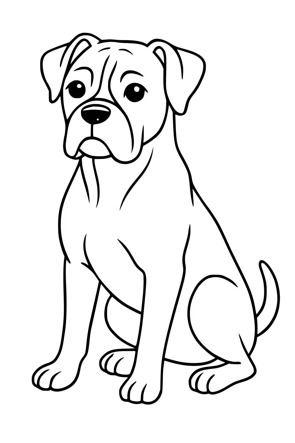 Young dog with floppy ears and big eyes sitting upright, tail curved, facing forward in a simple outline drawing.