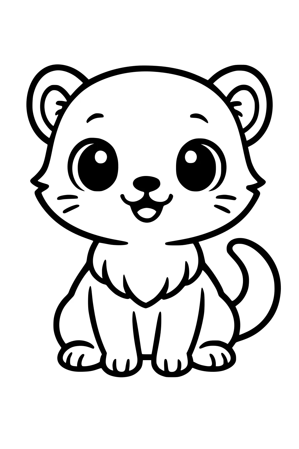 Cartoon ferret sitting upright with big round eyes, bushy cheeks, perky ears, smiling mouth, and curled tail.