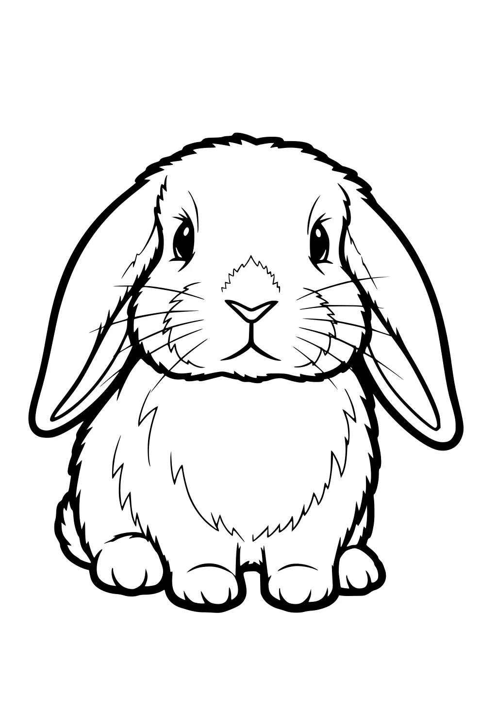Fluffy bunny sitting facing forward with long floppy ears, round cheeks, fur details, and small paws tucked underneath.