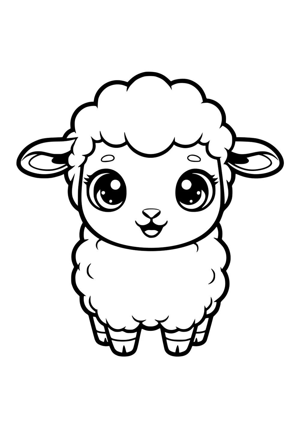 Cartoon sheep with fluffy wool, big sparkling eyes, round cheeks, and striped legs standing forward.