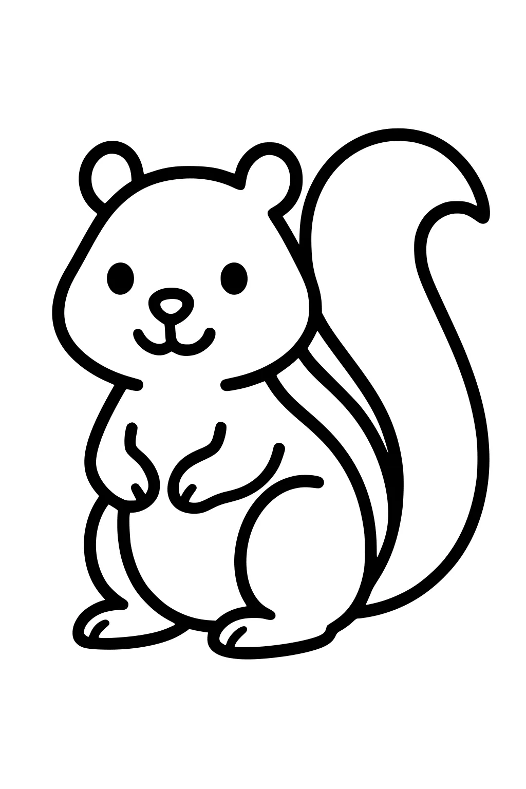Cartoon chipmunk with big cheeks, a fluffy tail, round eyes, small ears, and paws held in front.