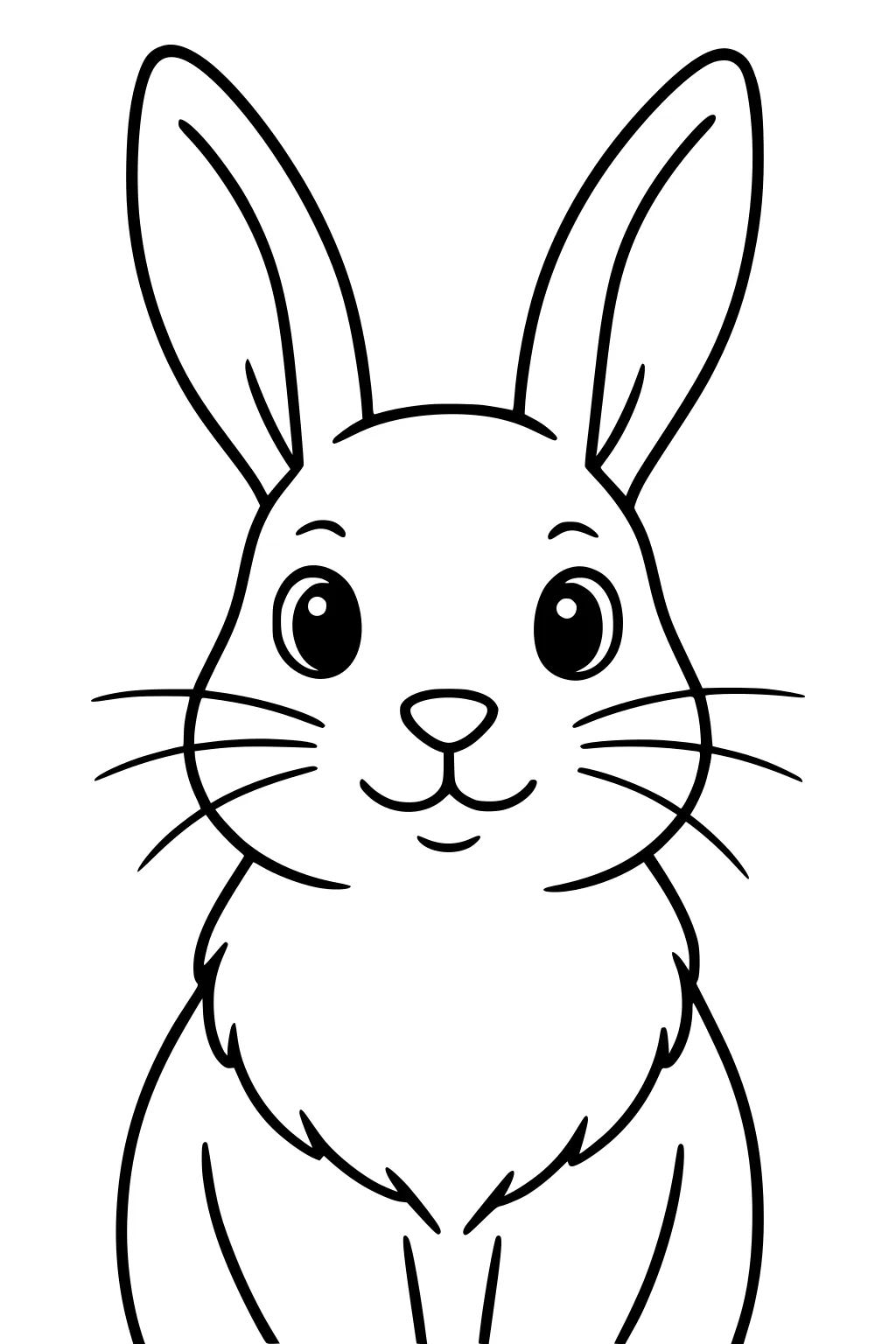 Outlined drawing of a front-facing rabbit with big upright ears, round eyes, whiskers, and thick, fluffy fur.
