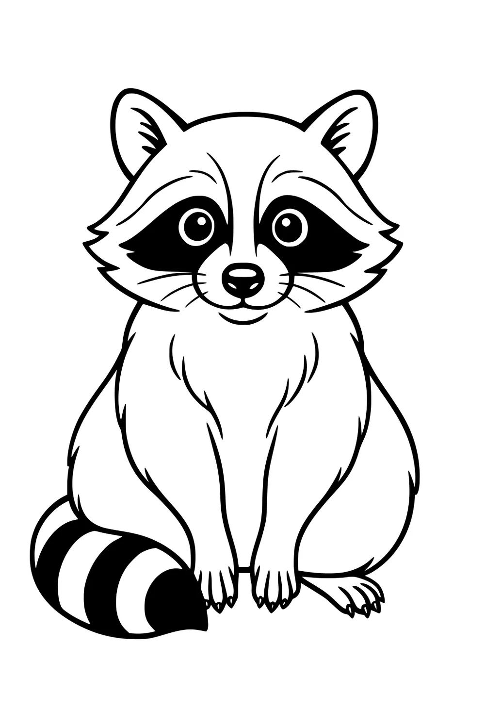 Raccoon sitting upright with striped tail, big eyes, and round ears, looking forward