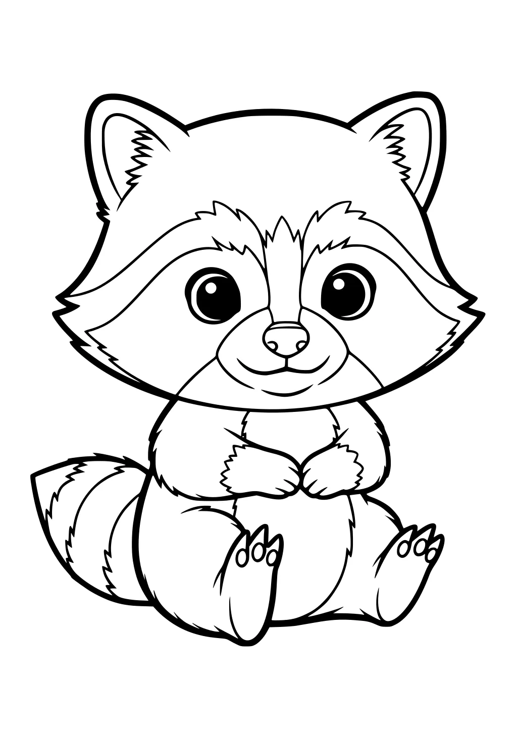 Cartoon raccoon sitting with paws together, striped tail, round eyes, and smiling face.