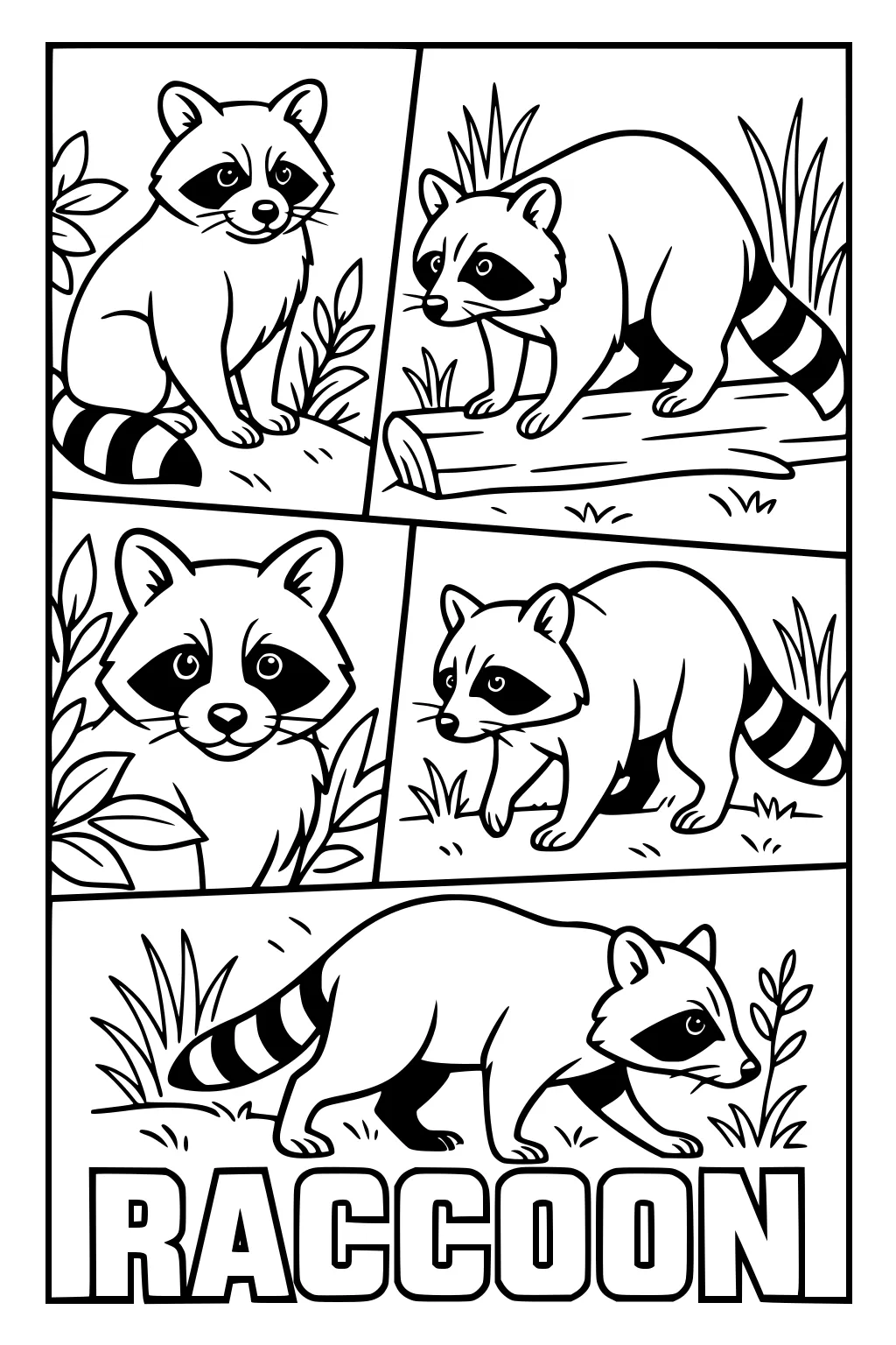 Five raccoons in separate forest scenes, with tall grass, leaves, a log, and the word RACCOON below.