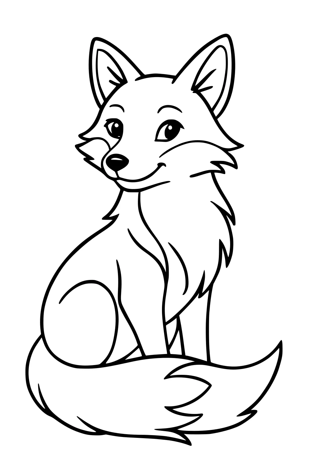 Cartoon fox with big eyes and a bushy tail sitting and smiling, outlined with bold lines.